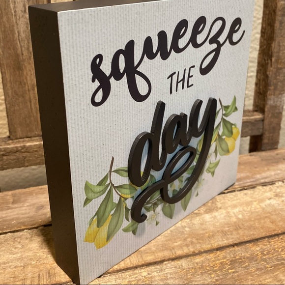 Squeeze The Day Lemon Block Wood Sign For Tier Trays, Tabletop or Shelf, Lemon - Picture 10 of 12